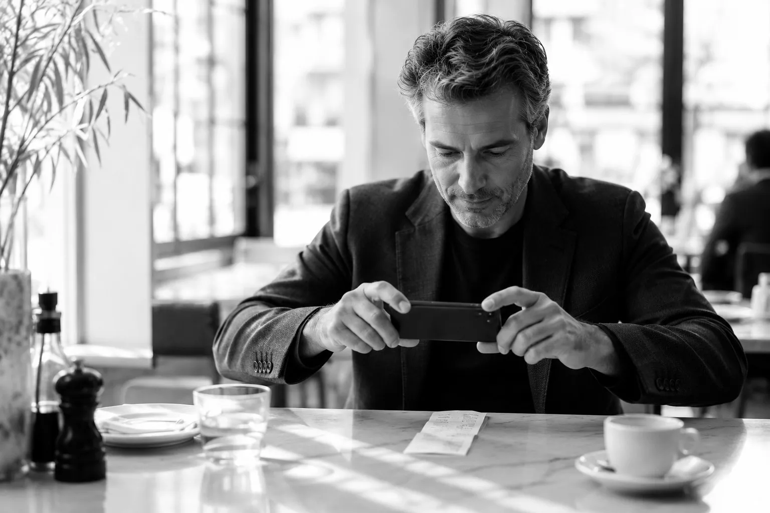 A man at a café table photographing a paper receipt with his phone.